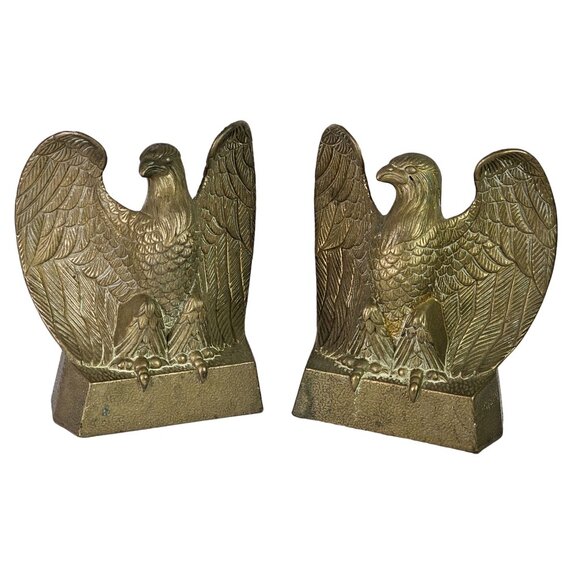 Vintage 1980's American Bald Eagle Open Wing MCM Heavy Brass Set of Bookends - Picture 1 of 8